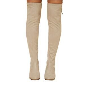 New 7.5 Beige Thigh High Cuban Heel Vegan Suede Boots Low Faux Tie Zip Round Toe